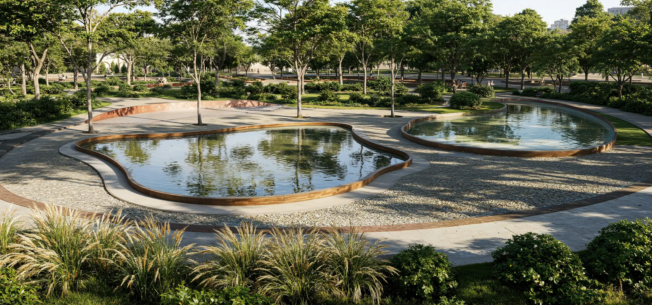 Wide eye-level render of two reflecting pools with corten steel edges among gravel paths, ornamental grasses and young trees in an urban park