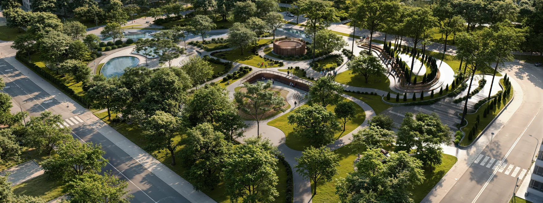 Aerial render of an urban park between residential towers and two city streets, with curved paths, pools, an amphitheatre and mature trees