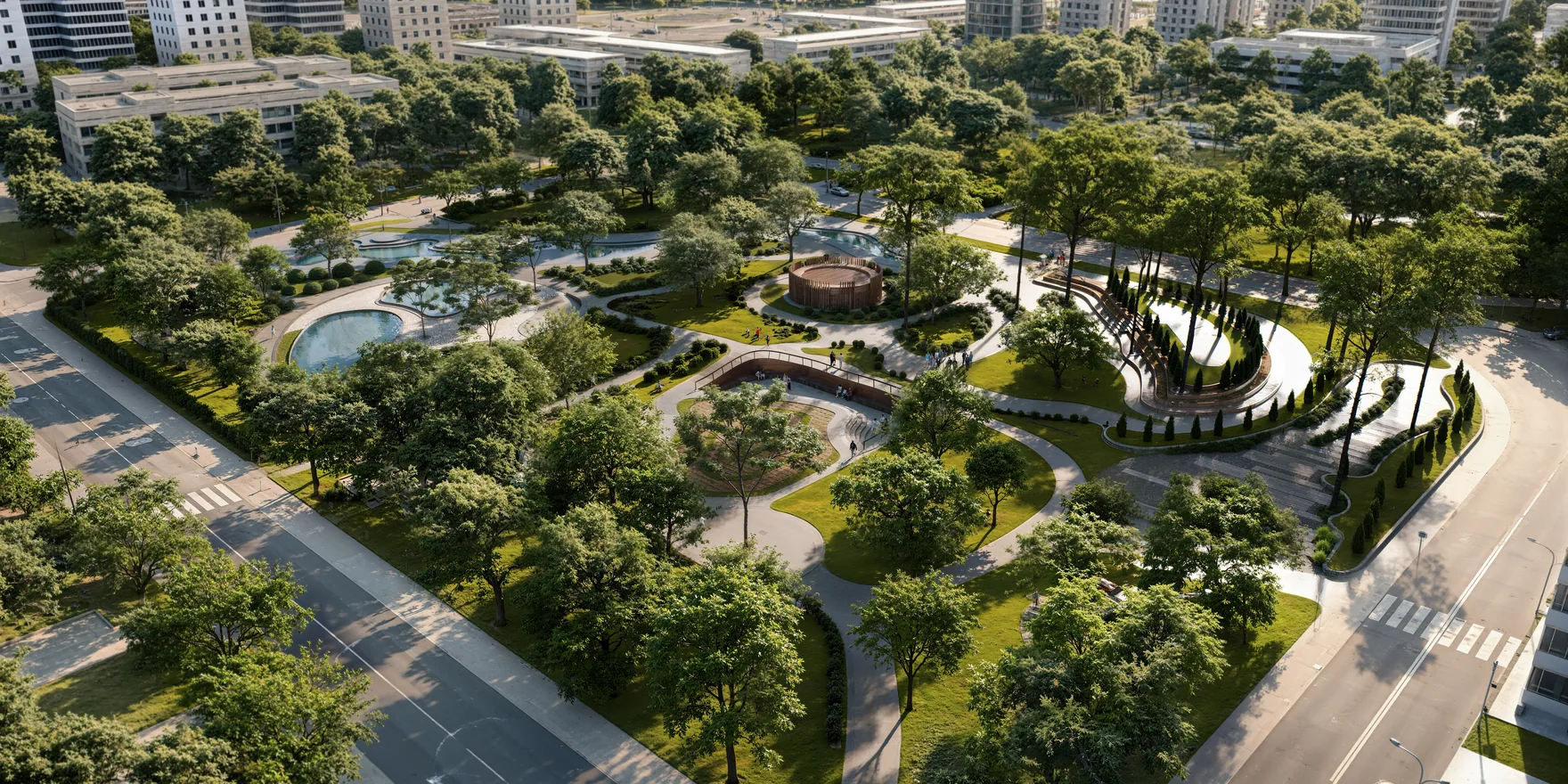 Render aéreo de un parque urbano entre torres residenciales y dos calles, con caminos curvos, estanques, un anfiteatro y árboles maduros