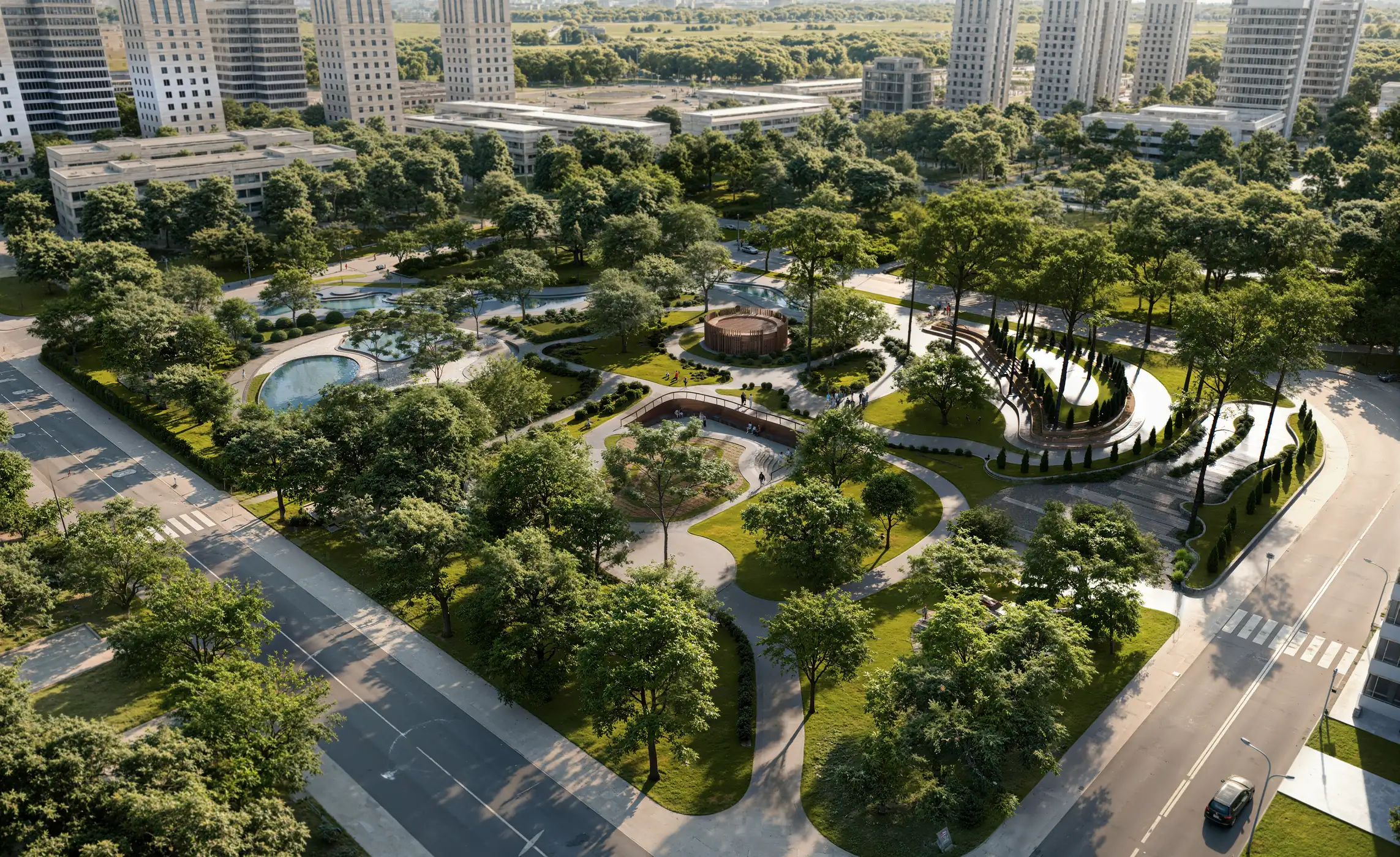 Aerial render of an urban park between residential towers and two streets, with curved paths, pools, an amphitheatre and mature trees