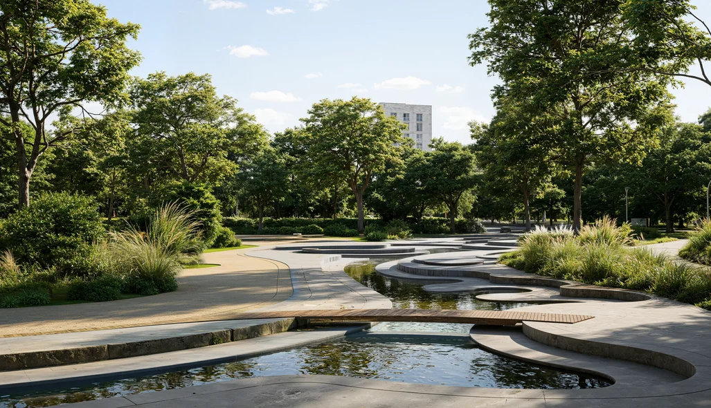 Eye-level render of a timber footbridge over a shallow park stream with concrete steps, grasses and a residential tower behind the trees