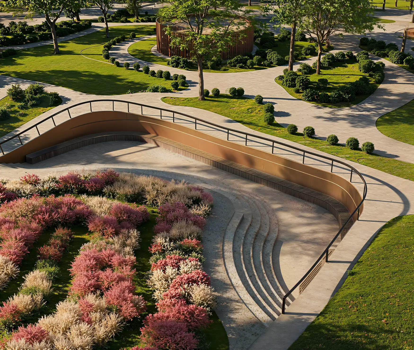 Render di un anfiteatro ribassato con muri in acciaio corten, corrimano nero e gradini in pietra accanto a un prato fiorito rosa e crema in un parco urbano