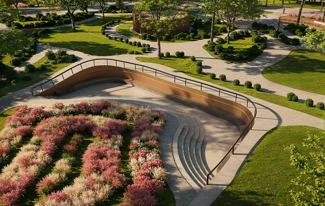 Rendering eines abgesenkten Amphitheaters mit Cortenstahlwänden, schwarzem Handlauf und Steinstufen neben rosa und cremefarbener Wiesenbepflanzung in einem Stadtpark