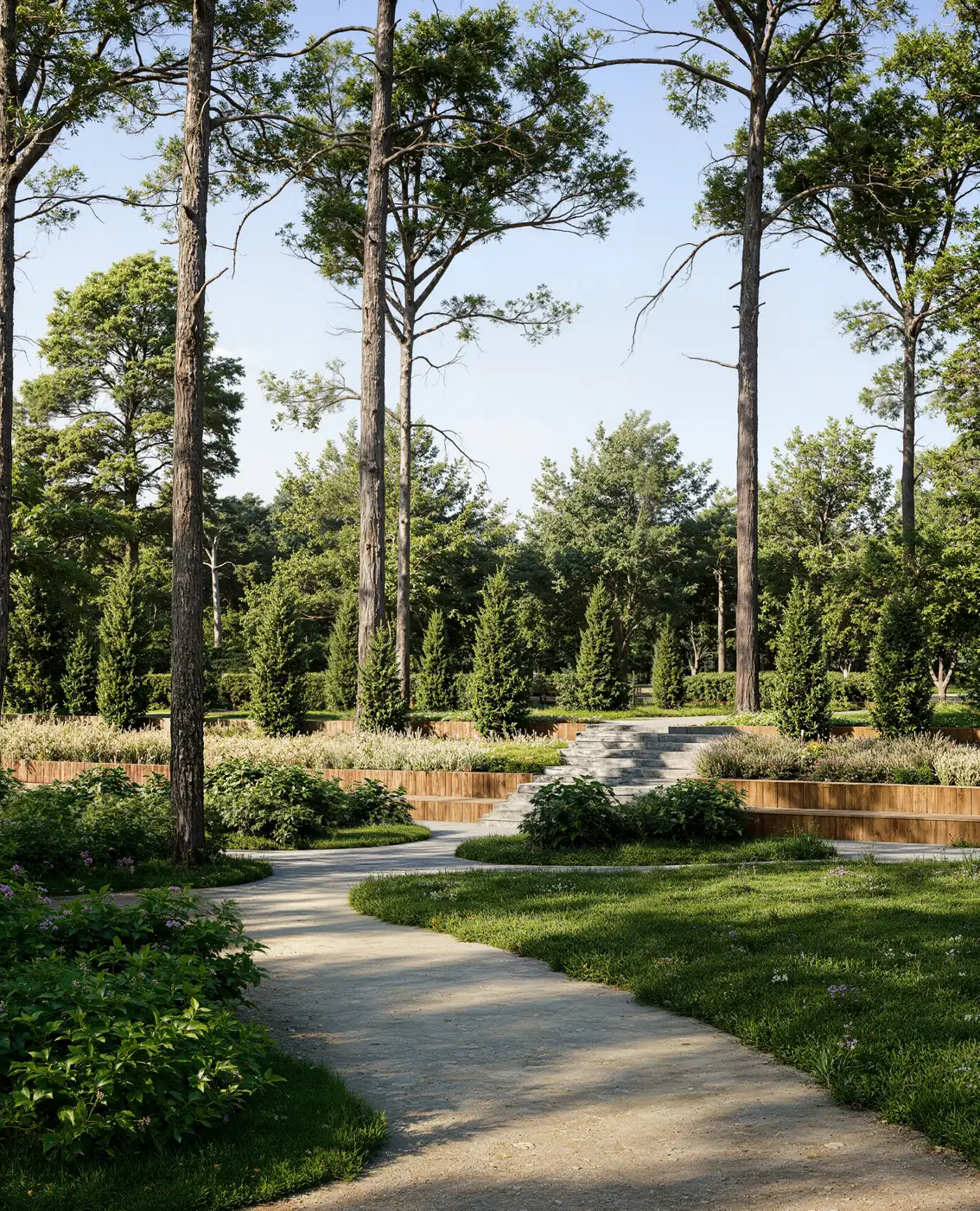 Portrait render of timber-edged terraced steps rising through meadow planting under tall pines in an urban park