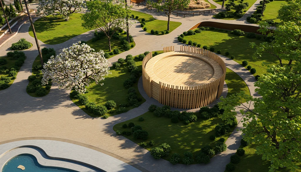 Render of a circular timber pavilion in a park with lawns, paths and young trees