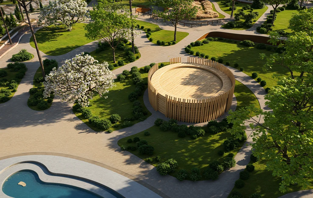 Erhöhtes Rendering eines runden Pavillons aus Holzlamellen zwischen Rasenflächen, blühenden Bäumen und geschwungenen Wegen in einem Park