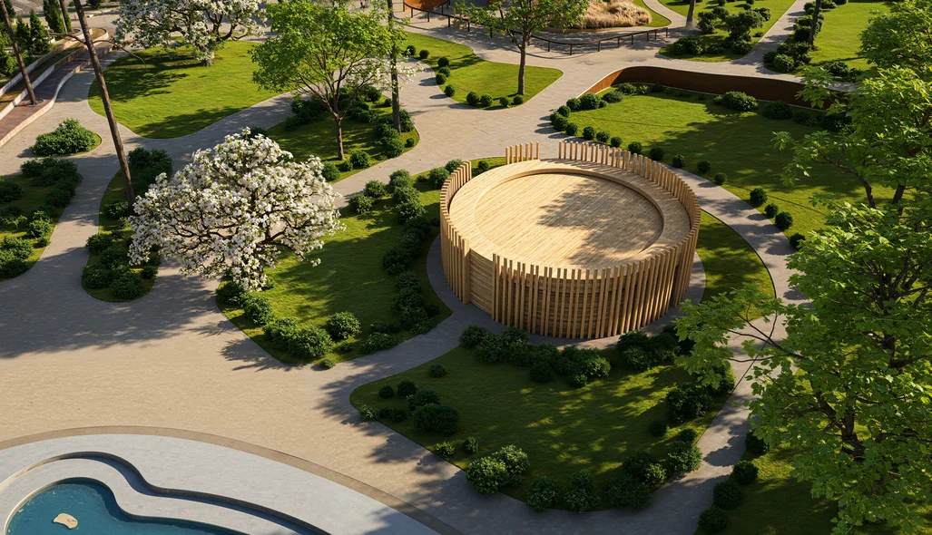 Elevated render of a circular timber-slat pavilion among lawns, flowering trees and curved paths in an urban park