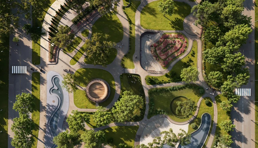 Top-down render of an urban park plan with a water channel, reflecting pools, a round timber pavilion, lawns and pedestrian crossings