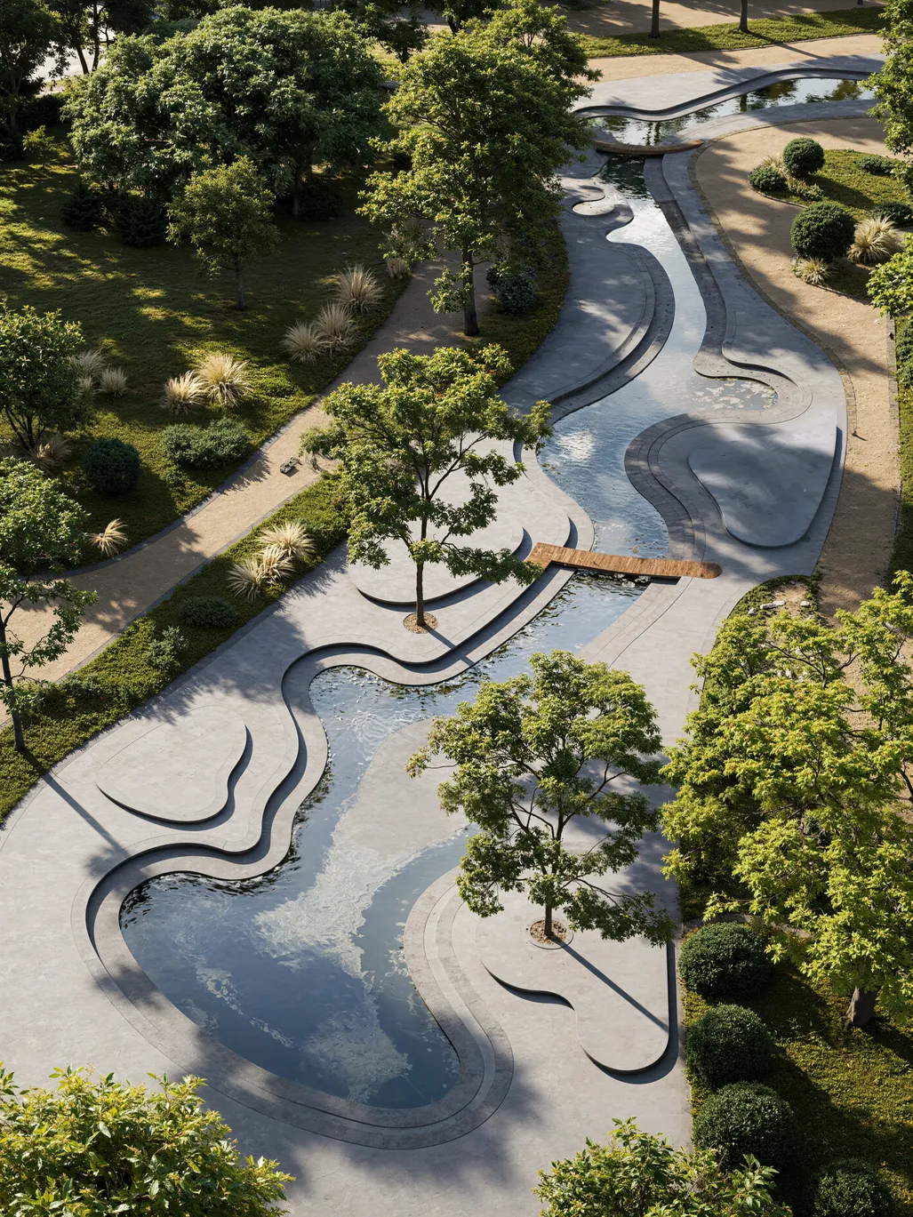 Erhöhtes Rendering eines flachen Wasserlaufs mit gestuften Betonkanten, einer Holzbrücke und Bäumen auf kleinen Inseln in einem Stadtpark