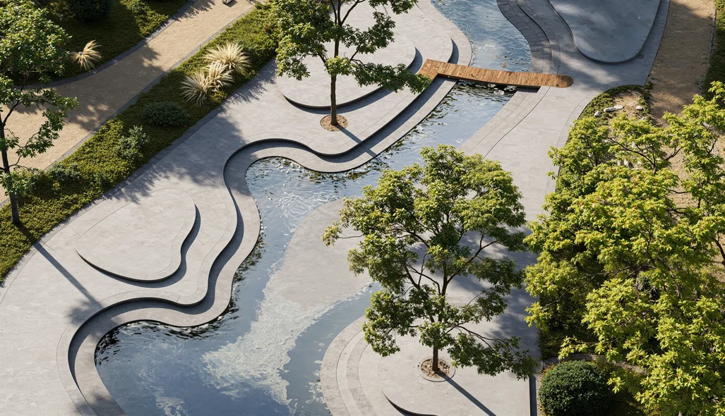 Elevated render of a shallow water channel with stepped concrete edges, a timber footbridge and trees growing from islands in an urban park