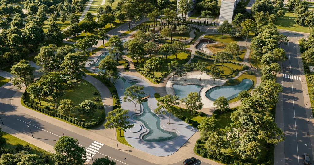 Aerial render of a new city park with a water channel, ponds and lawns between residential towers
