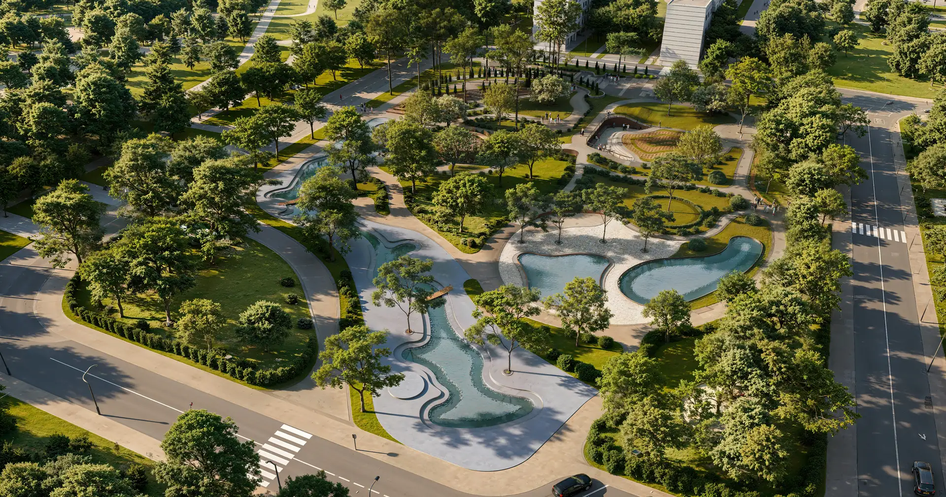 Render aereo di un parco urbano con un canale d’acqua sinuoso, due vasche a specchio, prati e strade alberate in un quartiere residenziale