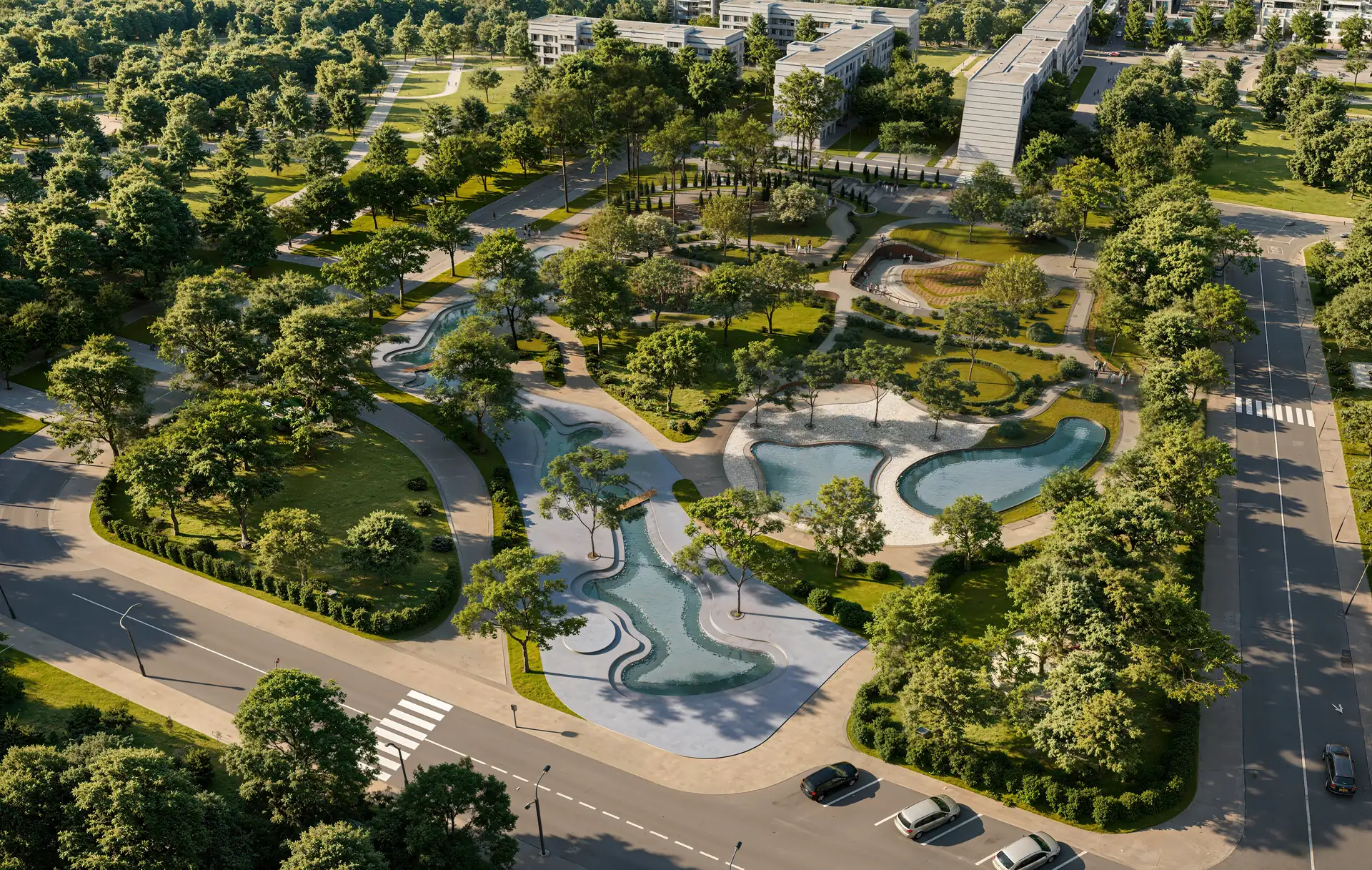 Rendering di un parco urbano dall’altezza del drone a quella della panchina Aerial render of park water channels and ponds between city streets