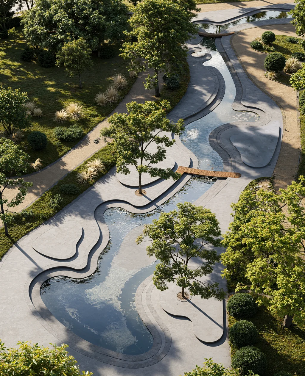 Render of a shallow park water channel lined with planting and paths
