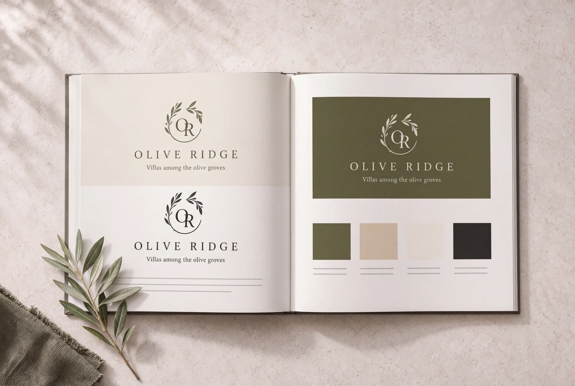 Open Olive Ridge brand book with the logo, an olive green version of the logo and four colour swatches