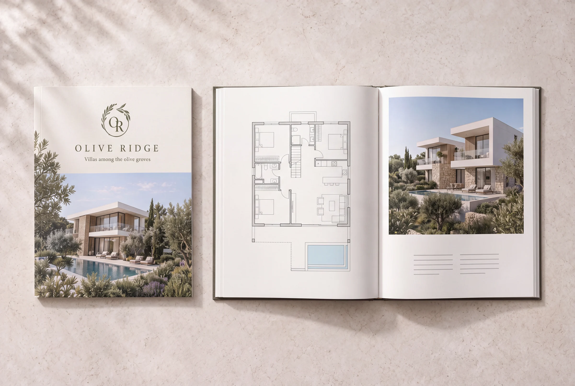 Olive Ridge brochure cover with a villa render next to an open spread with a floor plan and a villa photo