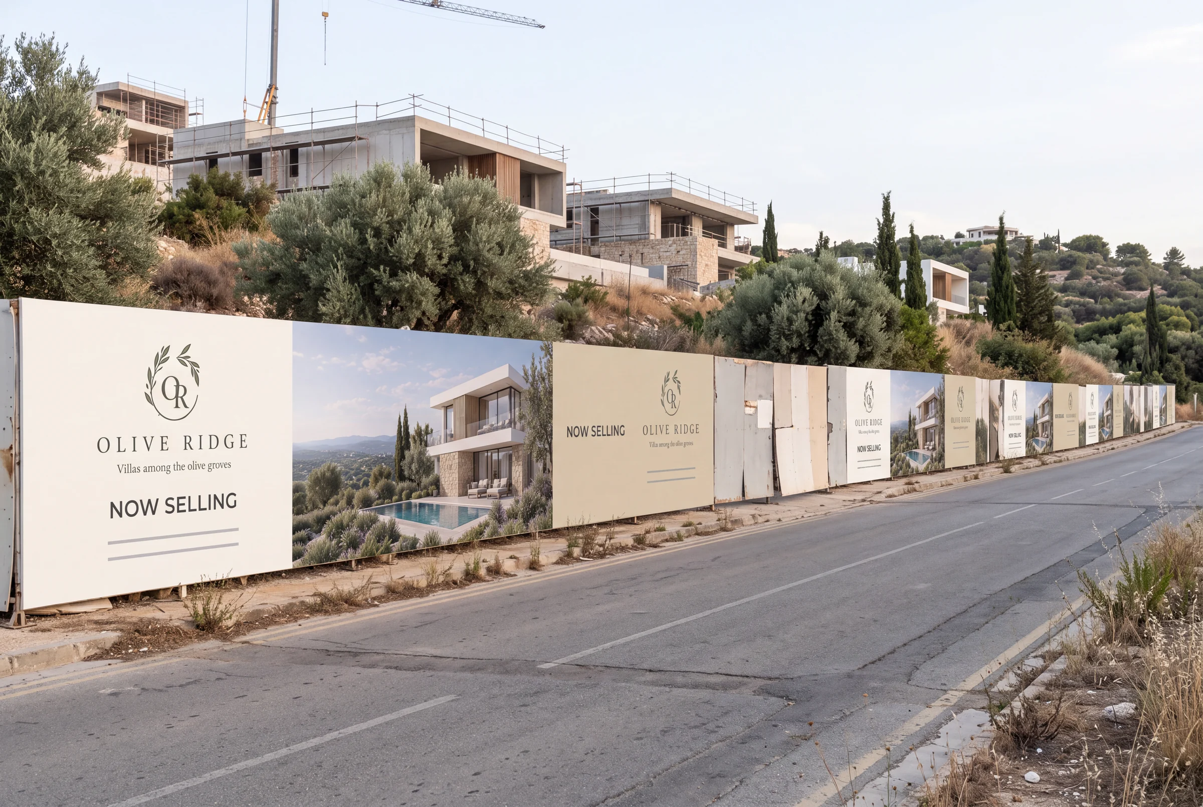 Construction hoarding along a road with Olive Ridge panels showing the logo, a villa render and the words Now selling