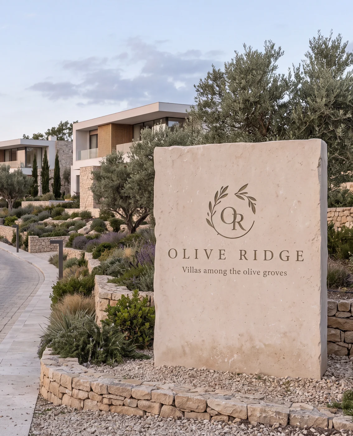 Stone entrance sign with the Olive Ridge olive branch logo beside a paved road leading to the villas