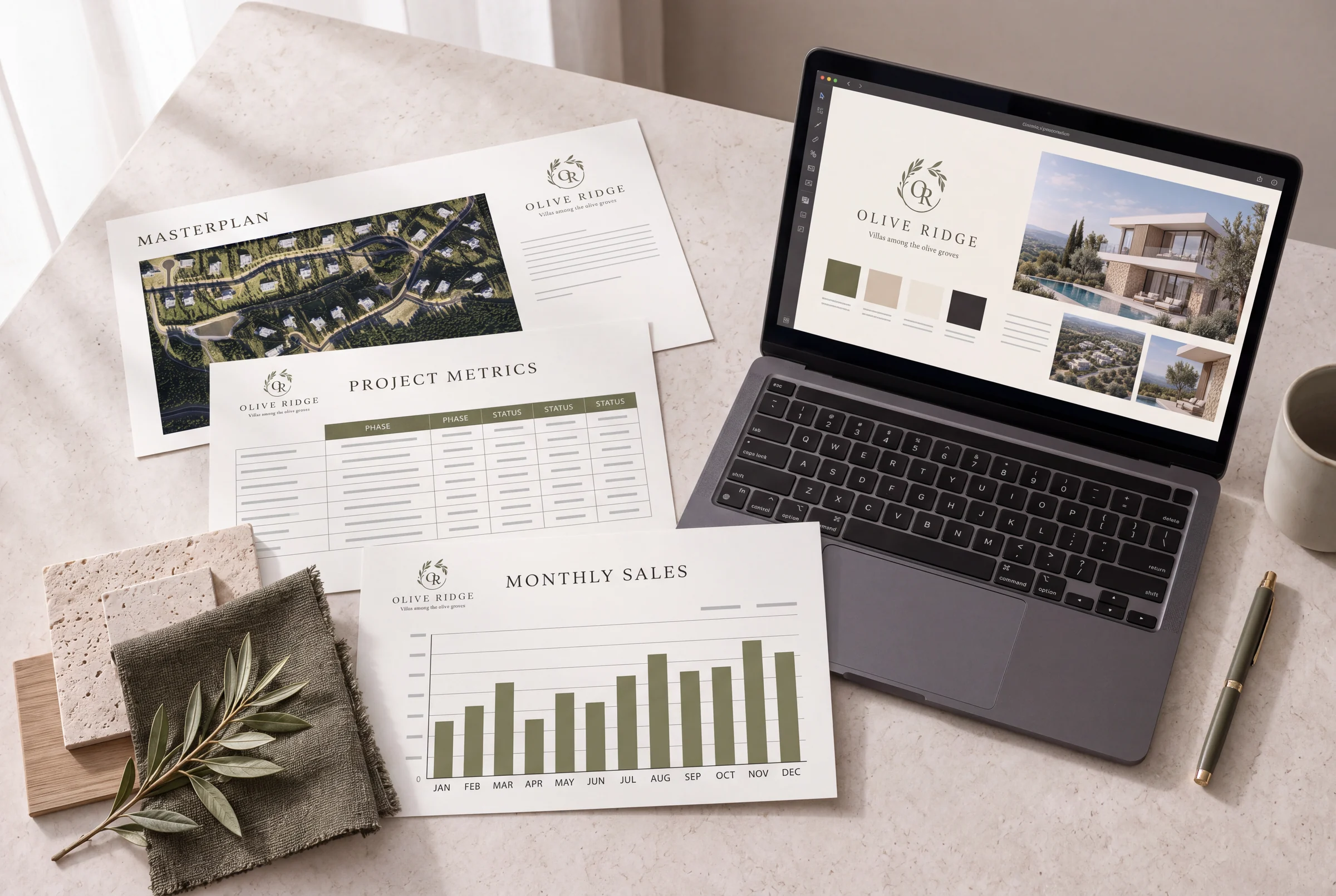Olive Ridge investor deck pages with a masterplan, project metrics and a sales chart next to a laptop with the brand presentation