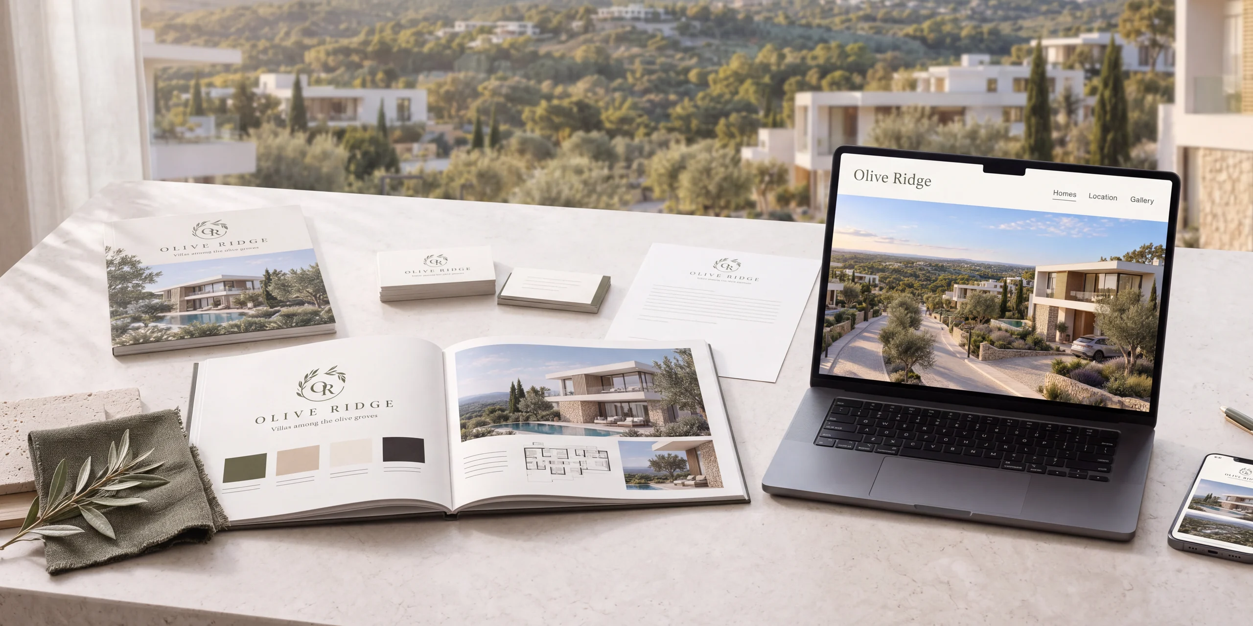Desk with an Olive Ridge brand book, brochure, business cards, a laptop showing the villa website and a phone, with the villa hillside behind the window