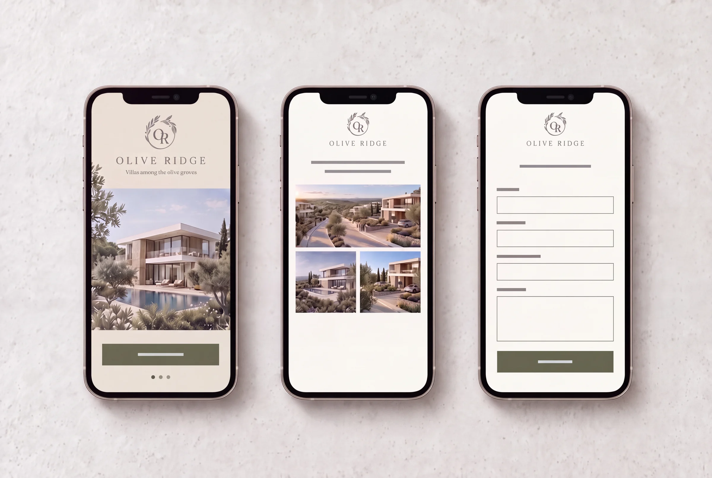 Three phone screens of the Olive Ridge mobile website: home page, gallery and enquiry form