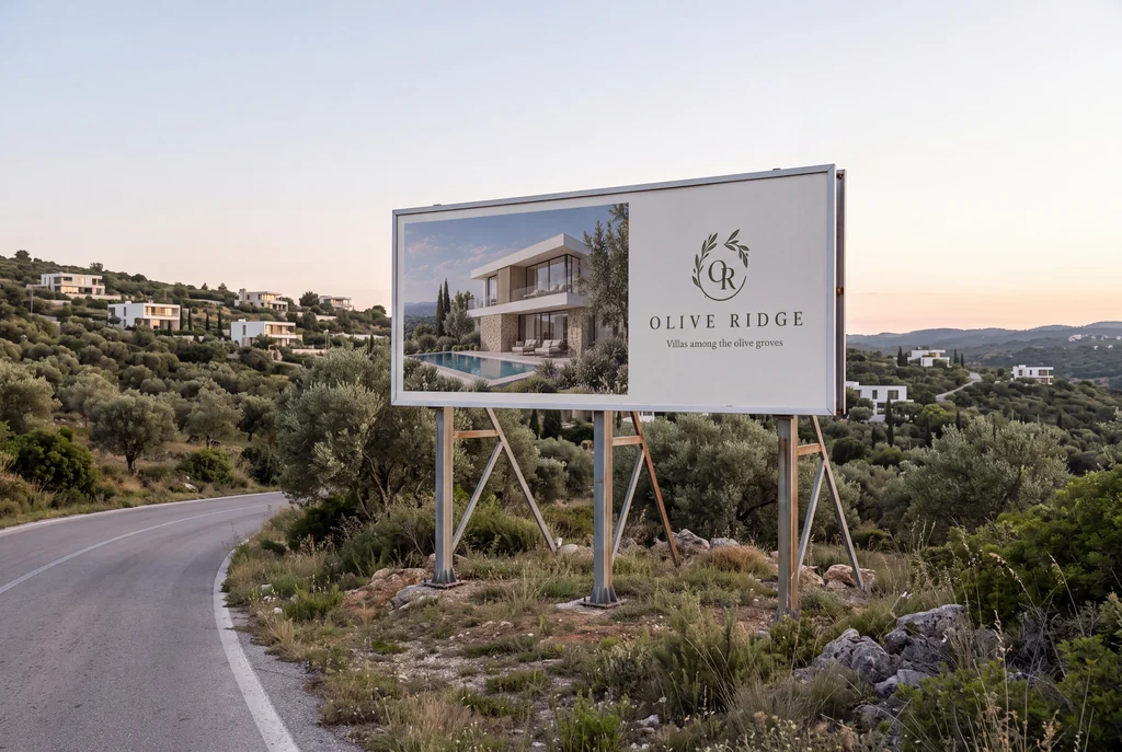 Roadside billboard with an Olive Ridge villa render and logo on a hill road among olive trees at sunset