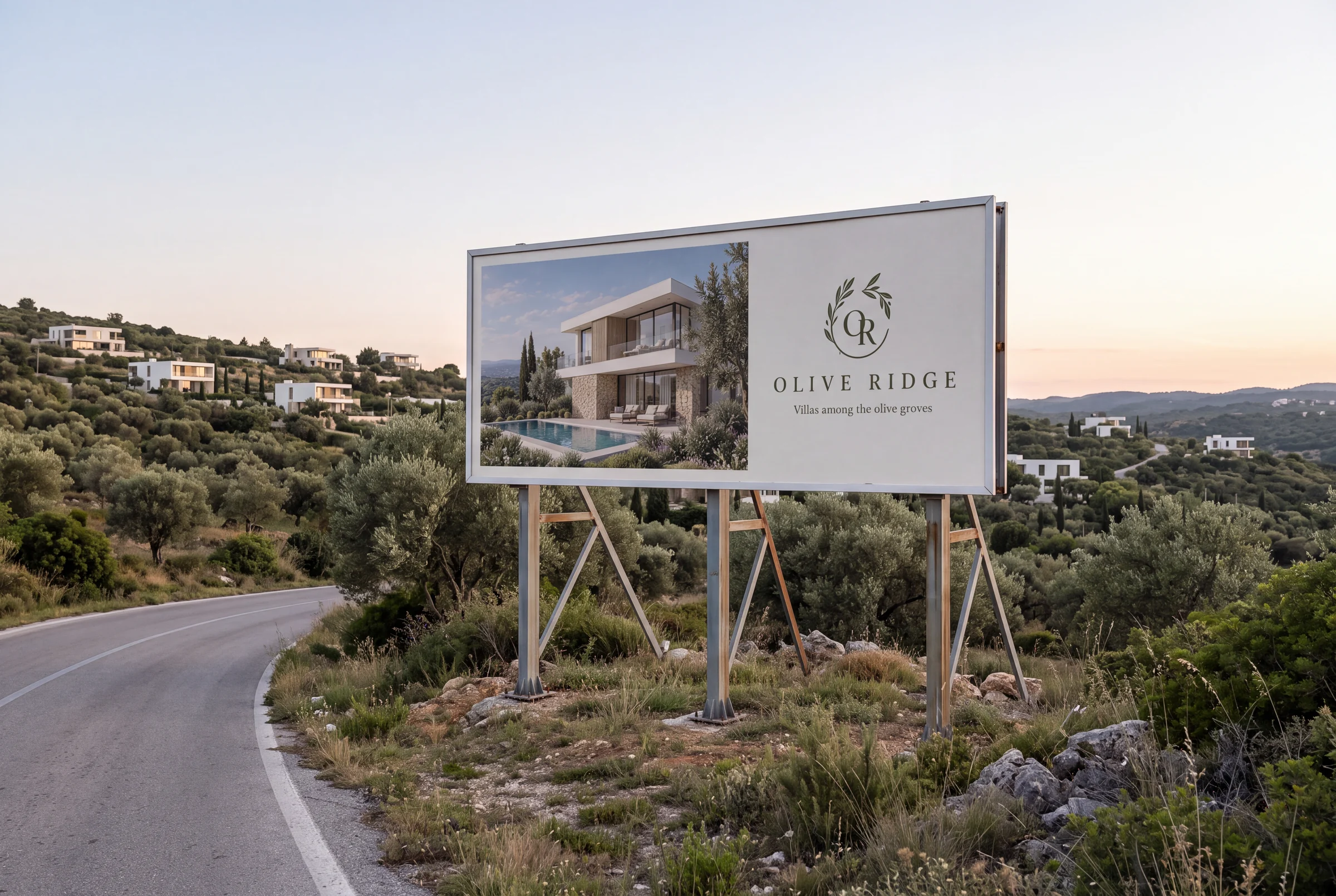 Roadside billboard with an Olive Ridge villa render and logo on a hill road among olive trees at sunset