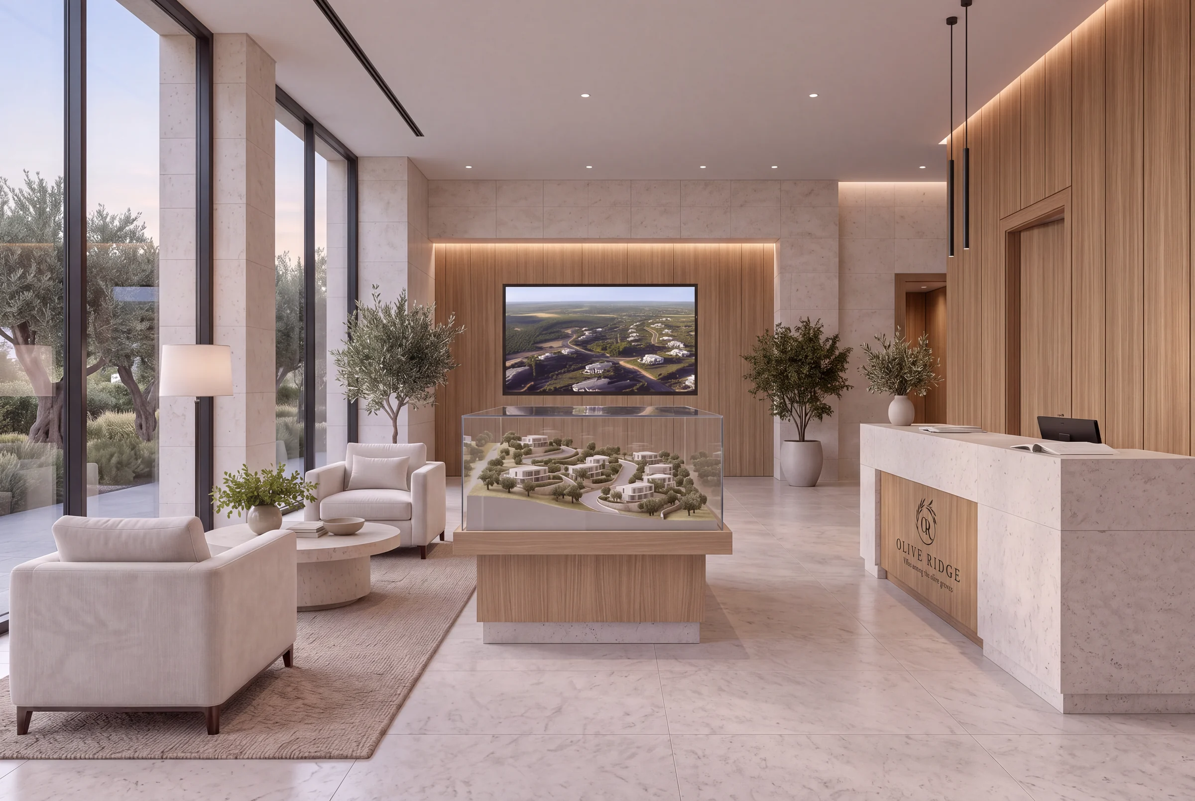 Olive Ridge sales gallery with a reception desk with the logo, a scale model under glass, sofas and a screen with an aerial film