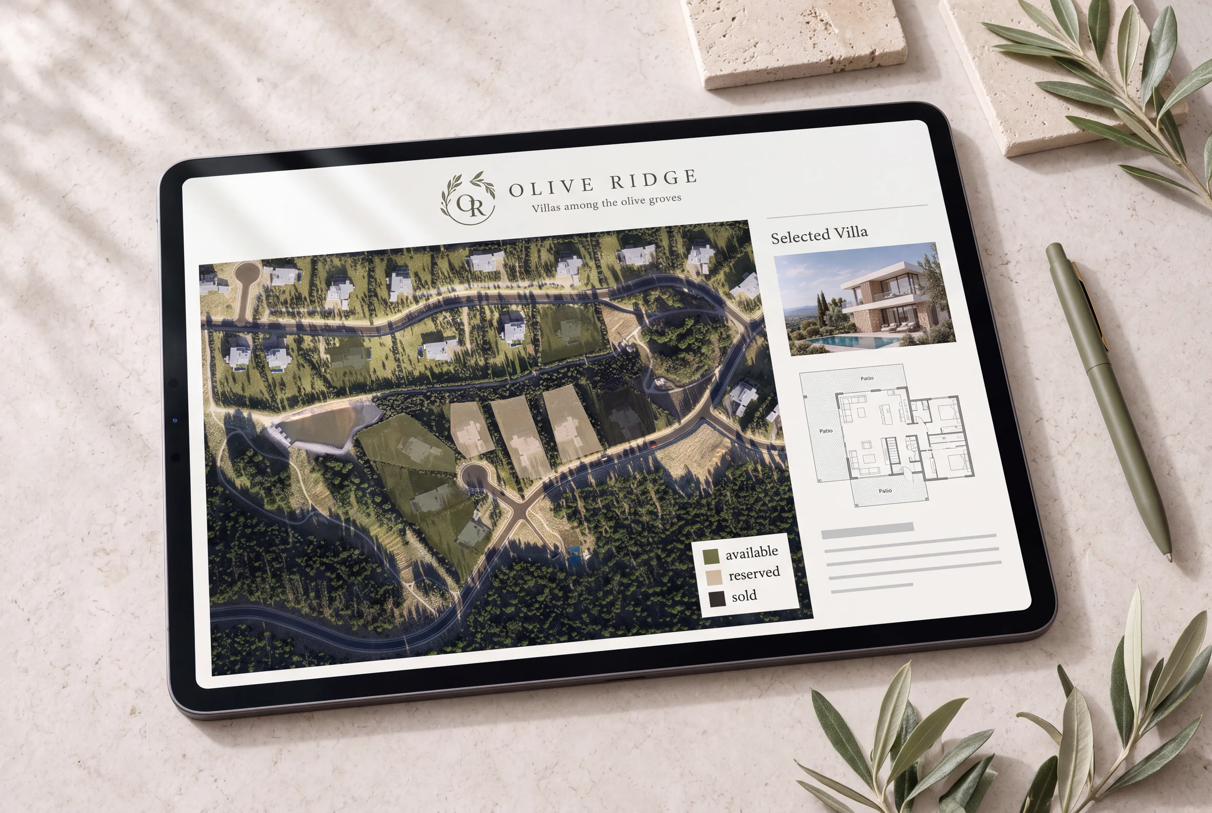 Tablet showing the Olive Ridge villa selector with an aerial masterplan, available, reserved and sold plots and a villa card