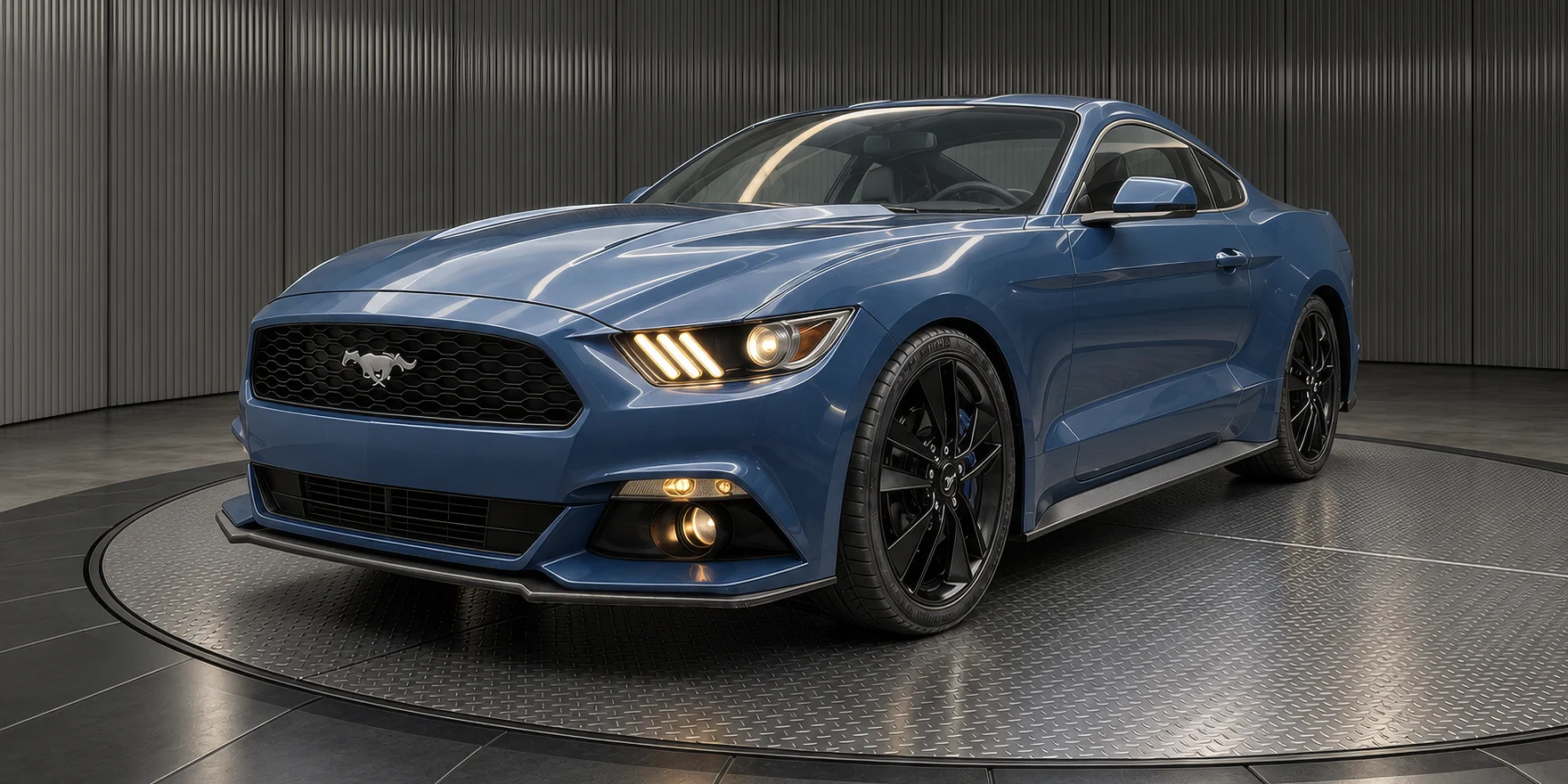 Rendering of a blue sports coupe on a diamond plate turntable in a graphite virtual car showroom with two ring lights