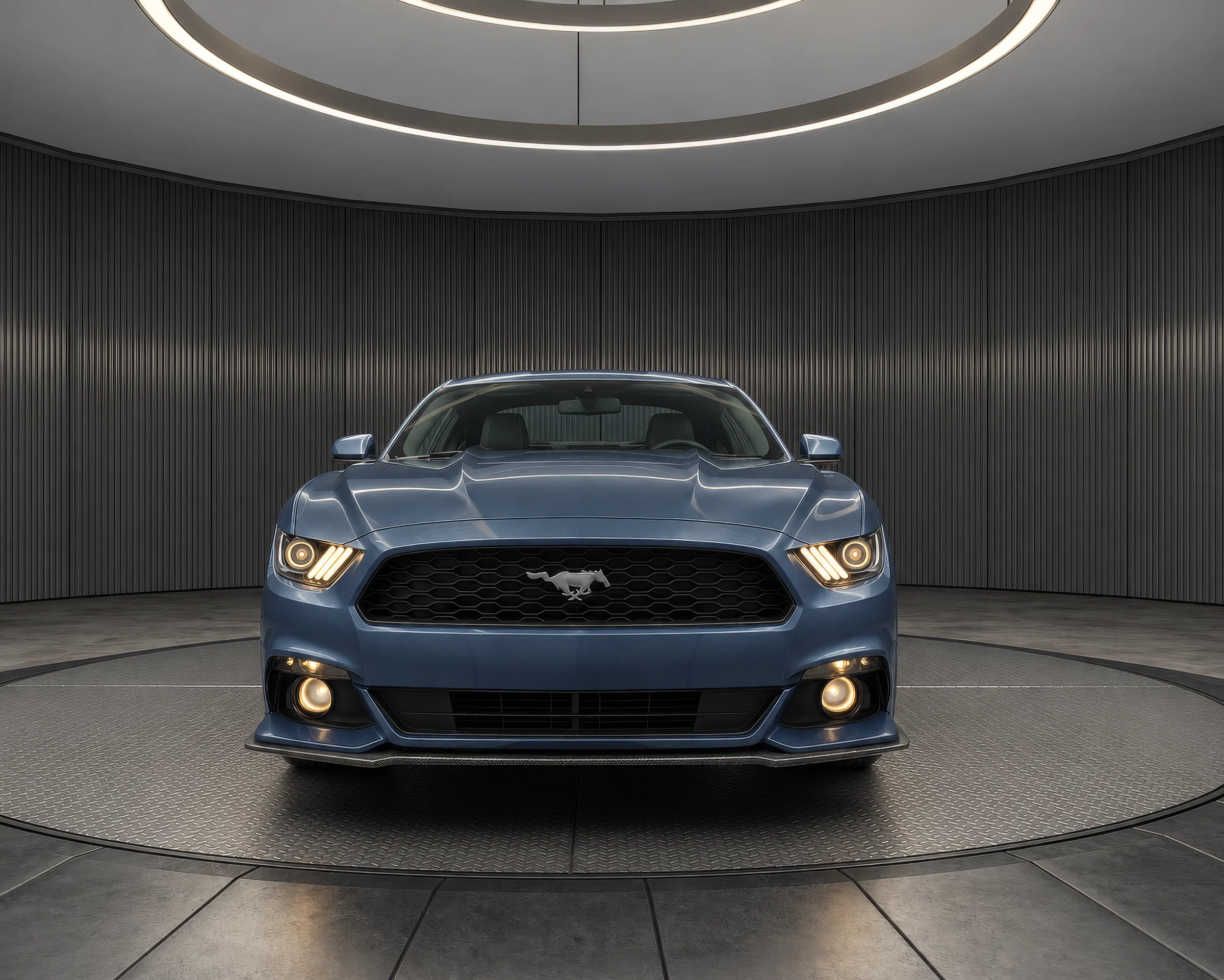 Rendering of a blue sports coupe seen from the front in a graphite ribbed virtual car showroom on a diamond plate turntable under two ring lights