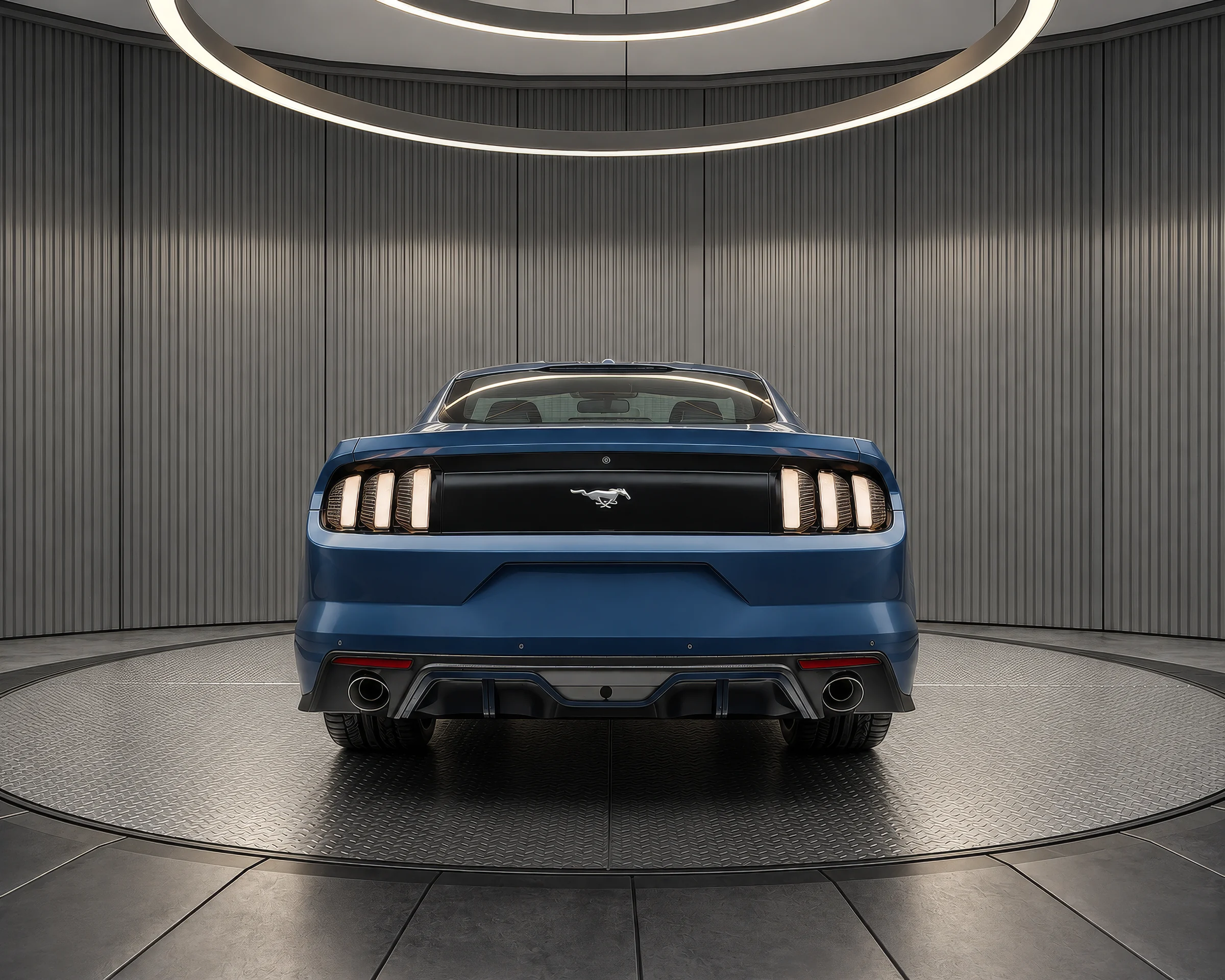 Rendering of a blue sports coupe seen from the rear in a graphite ribbed virtual car showroom on a diamond plate turntable under two ring lights
