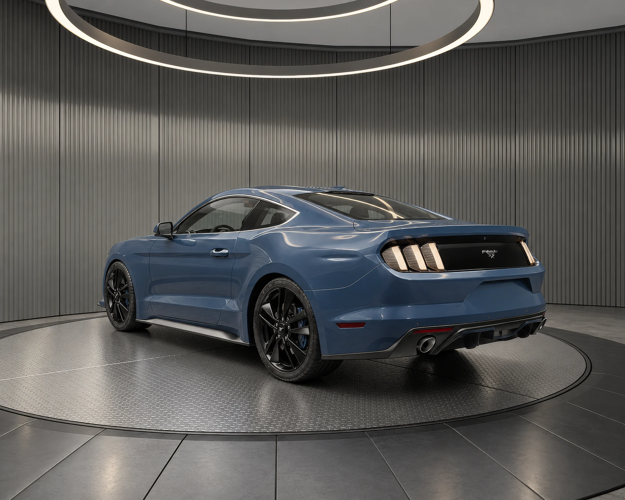 Rendering of a blue sports coupe from the rear three-quarter angle in a graphite ribbed virtual car showroom on a diamond plate turntable under two ring lights