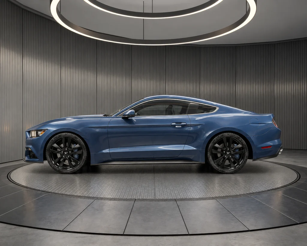 Rendering of a blue sports coupe in side profile on a diamond plate turntable in a graphite virtual showroom