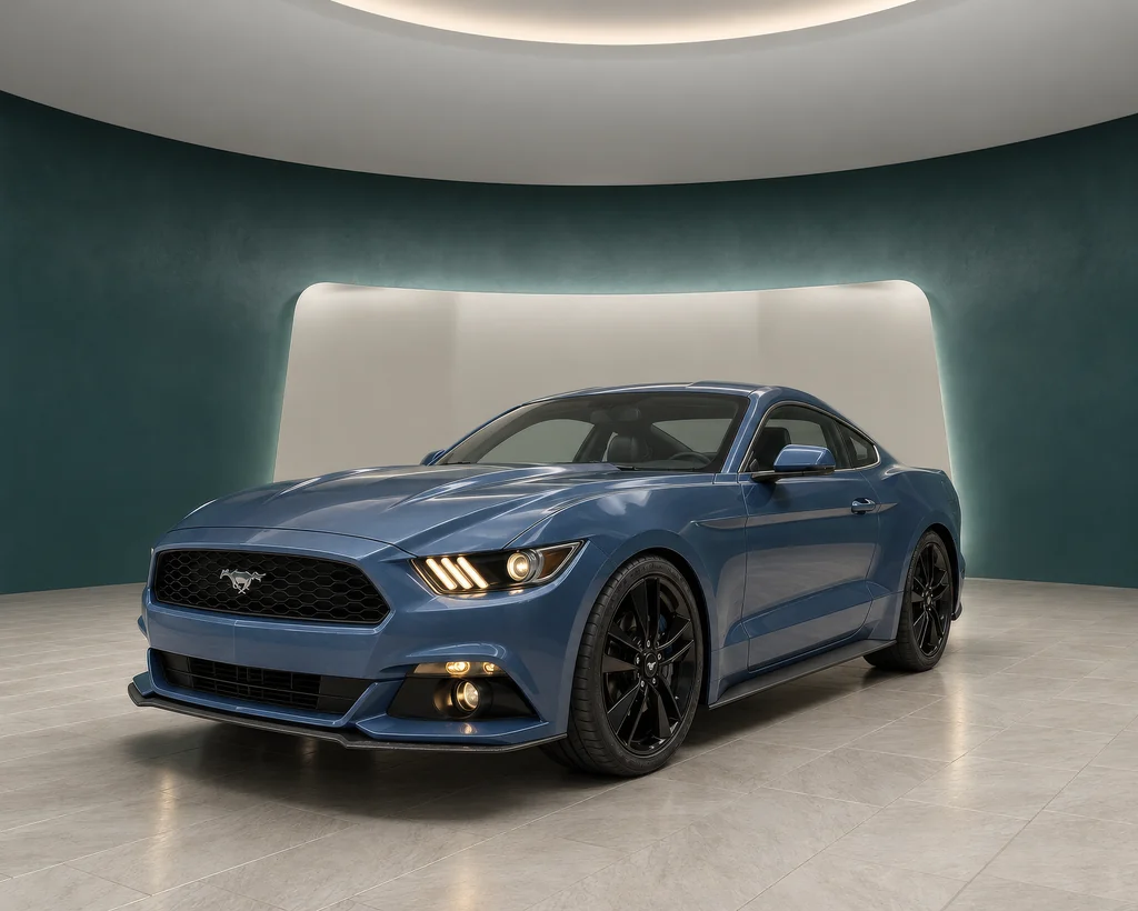 Rendering of a blue sports coupe in a virtual car showroom with a teal curved wall and a backlit white panel