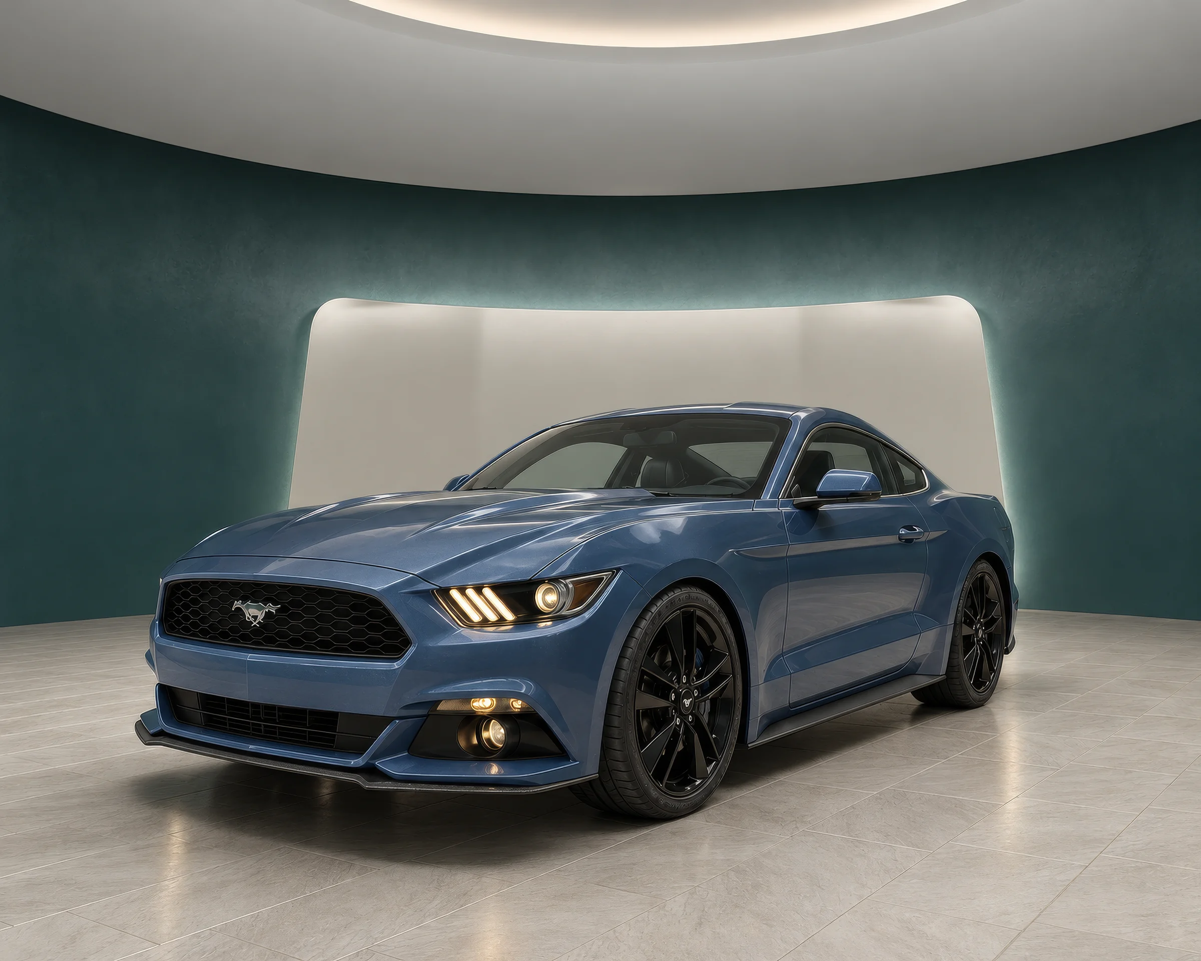 Rendering of a blue sports coupe from the front three-quarter angle in a virtual car showroom with a teal curved wall and a backlit white panel