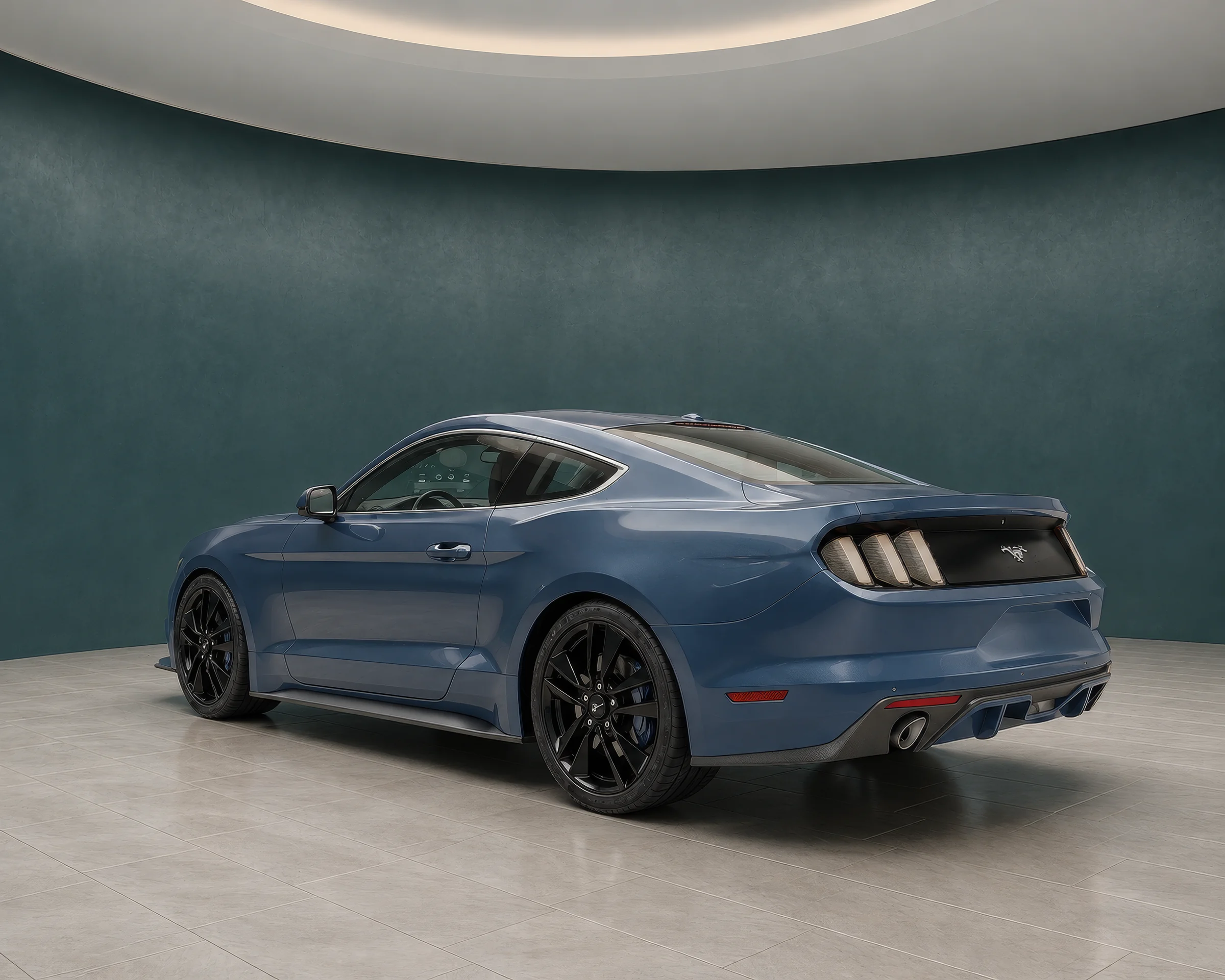 Rendering of a blue sports coupe from the rear three-quarter angle in a virtual car showroom with a teal curved wall and a backlit white panel