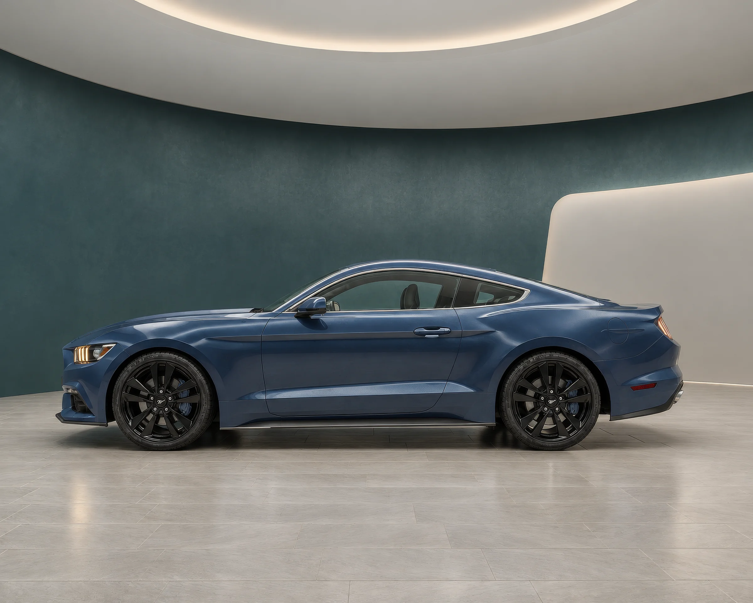 Rendering of a blue sports coupe in side profile in a virtual car showroom with a teal curved wall and a backlit white panel