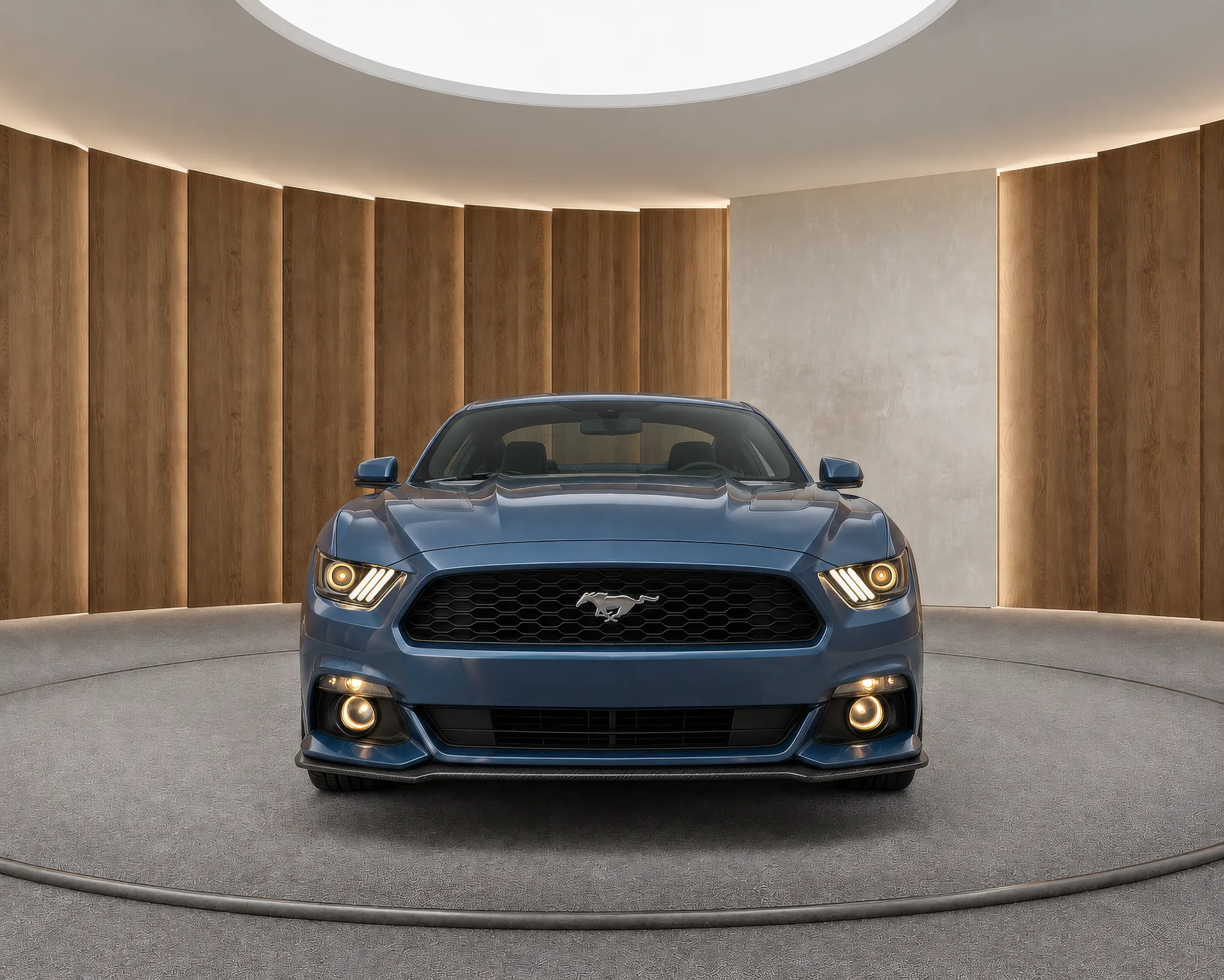 Rendering of a blue sports coupe seen from the front in a walnut panelled virtual car showroom with a round skylight and a grey platform