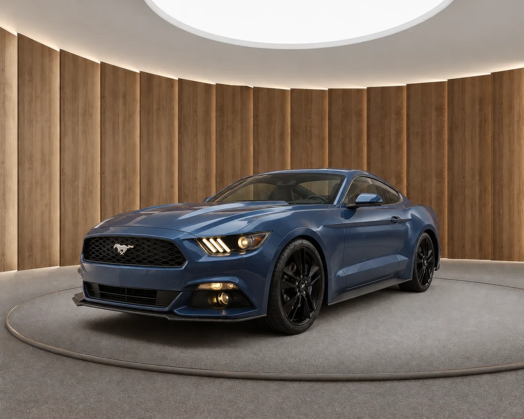Rendering of a blue sports coupe on a grey platform in a walnut panelled virtual showroom with a round skylight