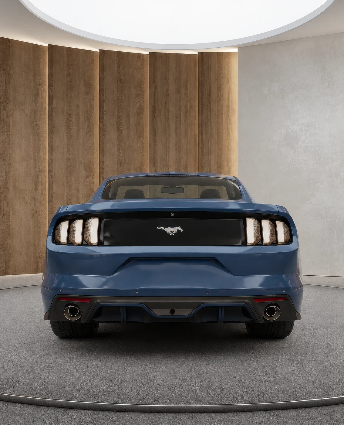 Rendering of a blue sports coupe seen from the rear on a grey platform in a walnut panelled showroom