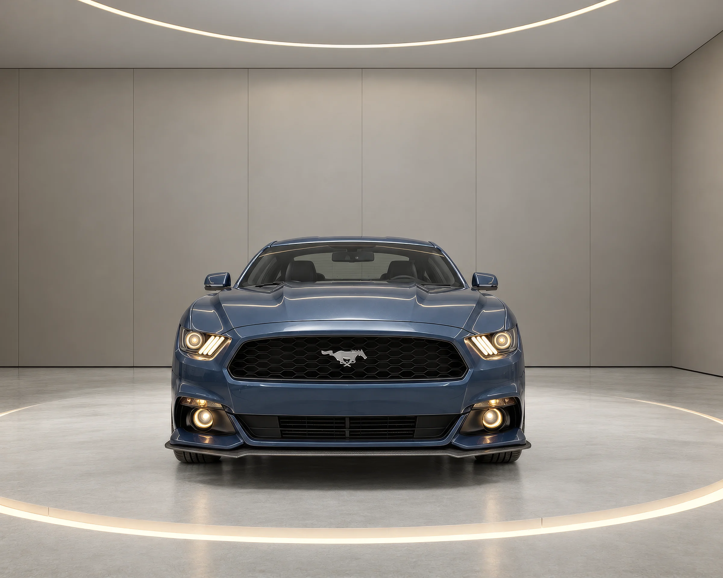 Rendering of a blue sports coupe seen from the front in a light grey virtual car showroom with a glowing floor ring