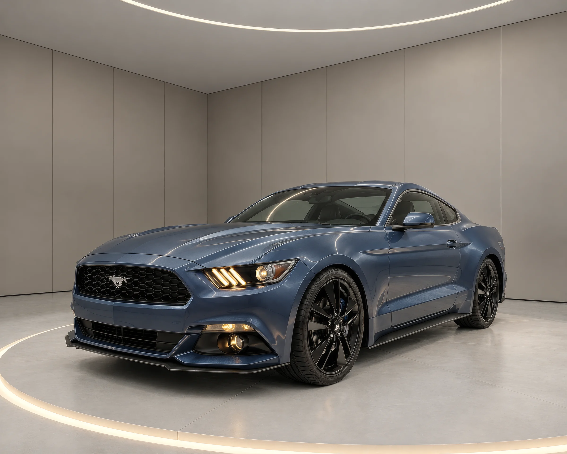 Rendering of a blue sports coupe from the front three-quarter angle in a light grey virtual car showroom with a glowing floor ring