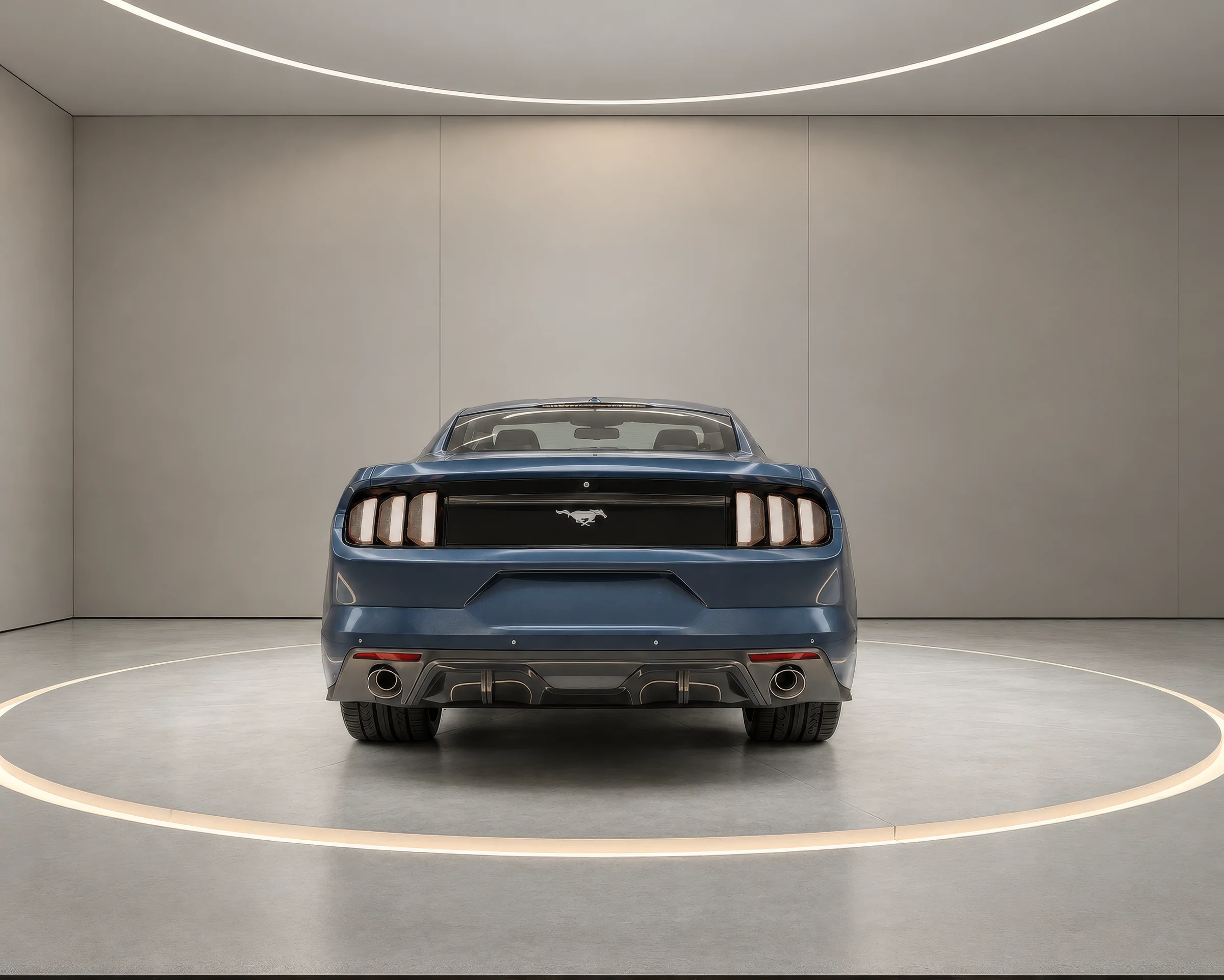 Rendering of a blue sports coupe seen from the rear in a light grey virtual car showroom with a glowing floor ring