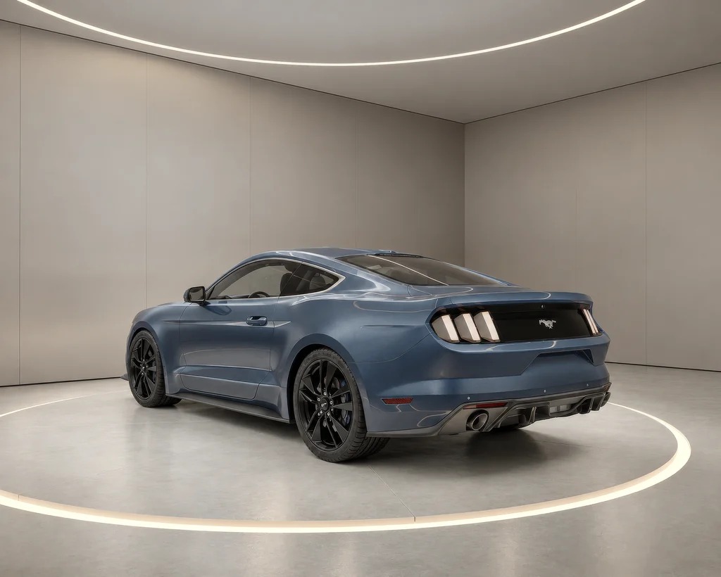 Rendering of a blue sports coupe from the rear three-quarter angle in a light grey virtual showroom with a glowing floor ring