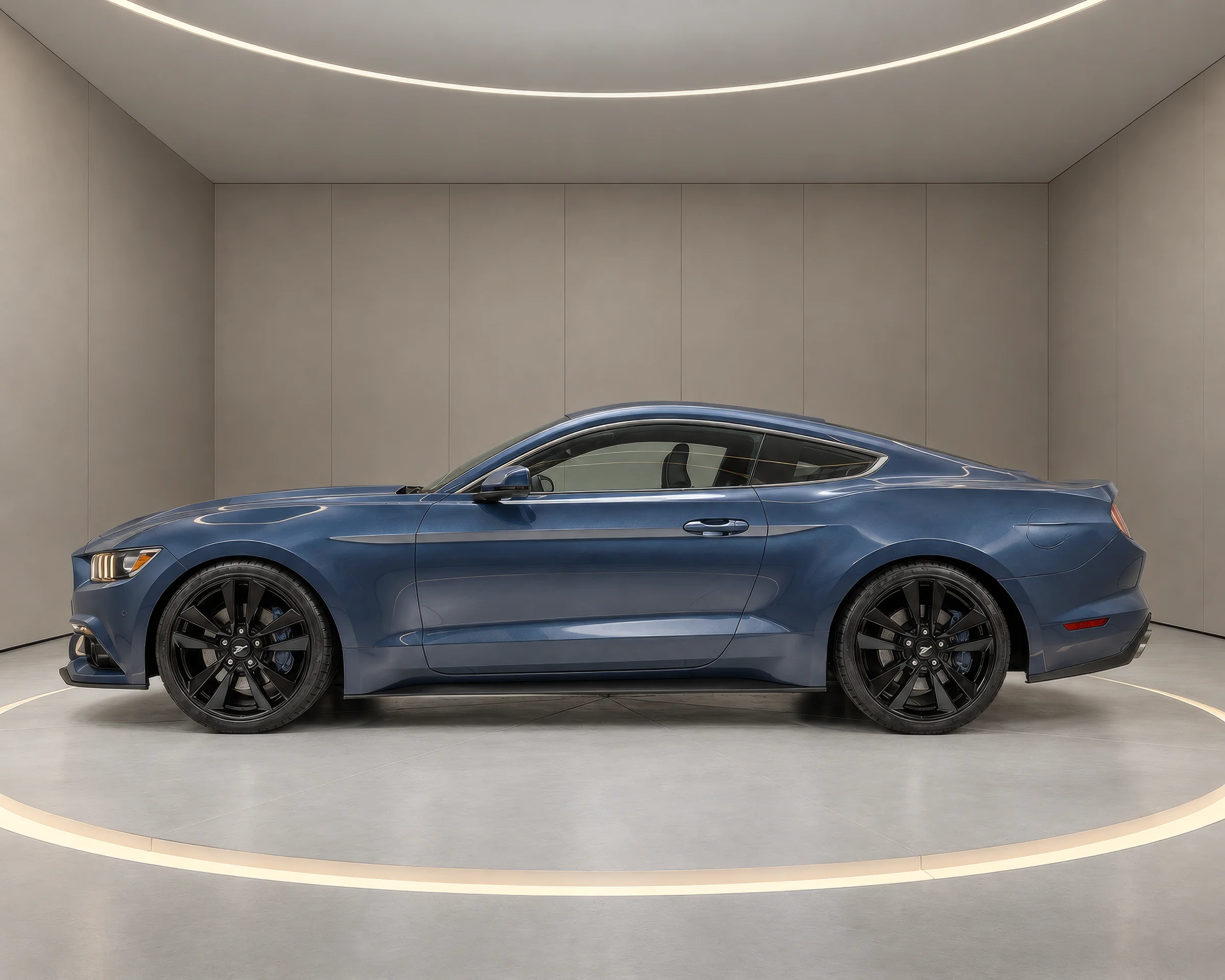 Rendering of a blue sports coupe in side profile in a light grey virtual car showroom with a glowing floor ring