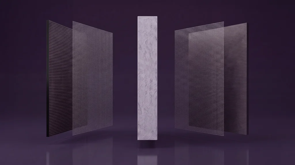 Exploded view render of an insulated backer board with its mesh and core layers separated