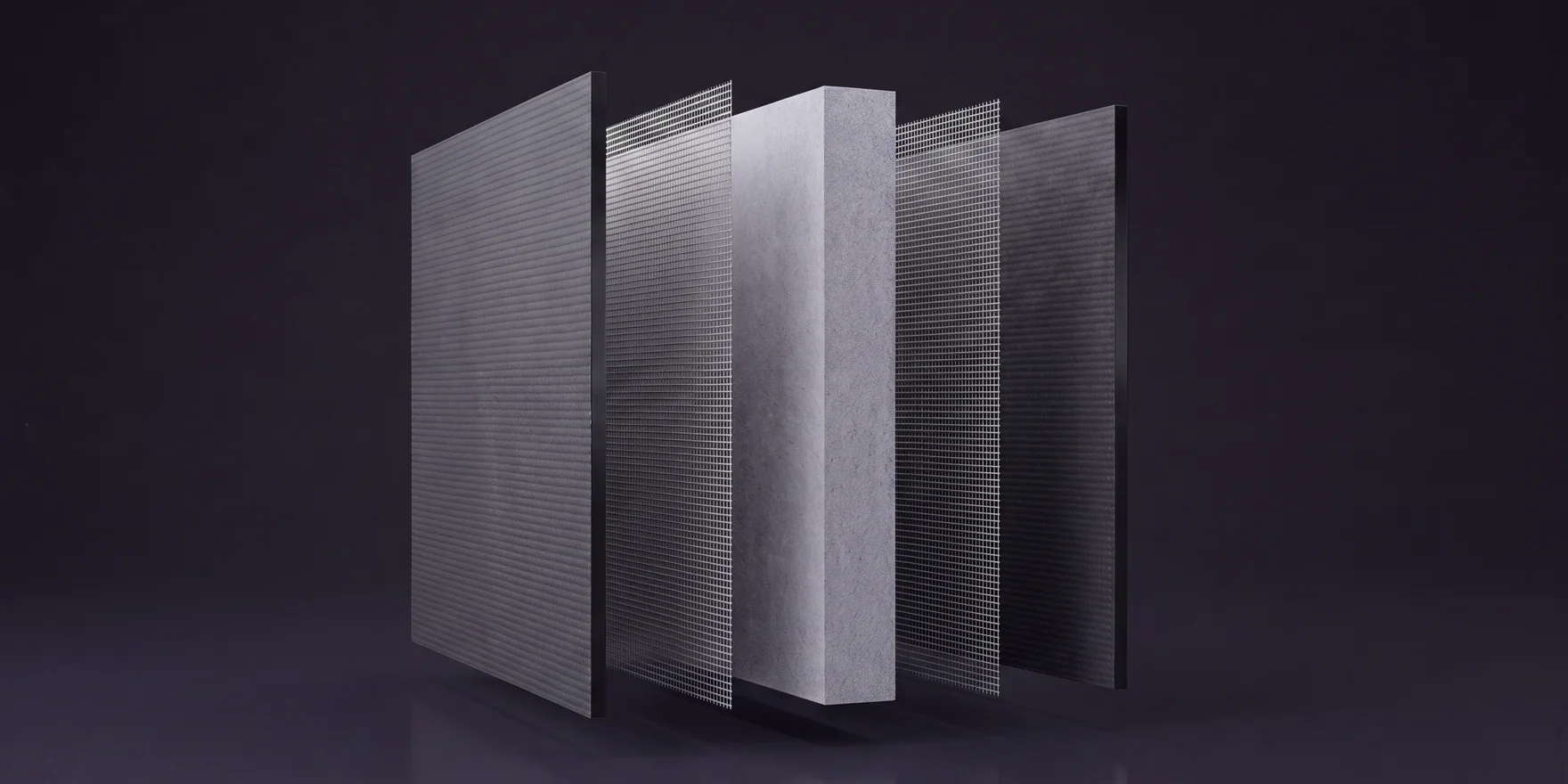 Exploded-view render of an insulated backer board separated into mesh layers and a core on a dark stage