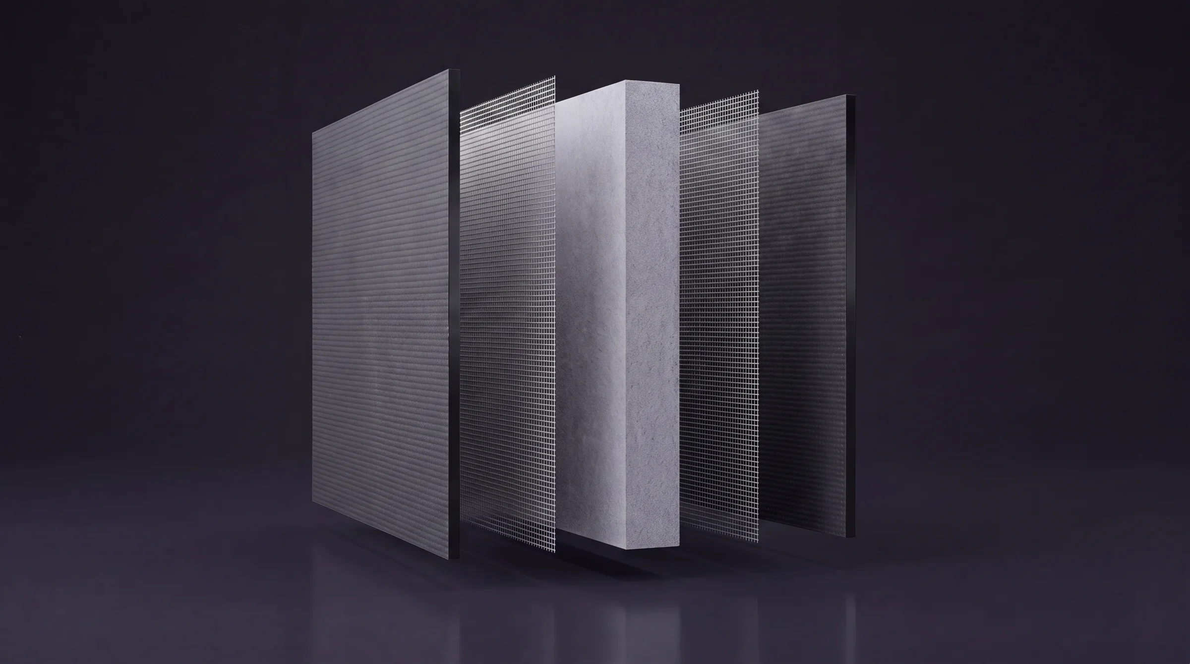 Exploded-View Wall System Animation for an Insulated Backer Board Exploded-view render of a backer board with mesh sheets and the core spaced out in perspective