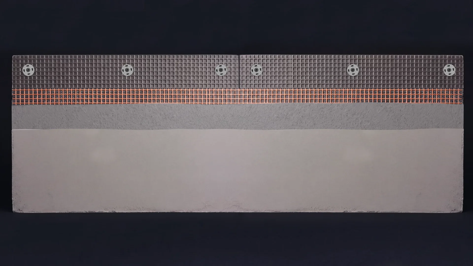 Exploded-View Wall System Animation for an Insulated Backer Board Still from the animation: two backer boards joined on a wall with mesh tape, a base coat and a smooth finish coat